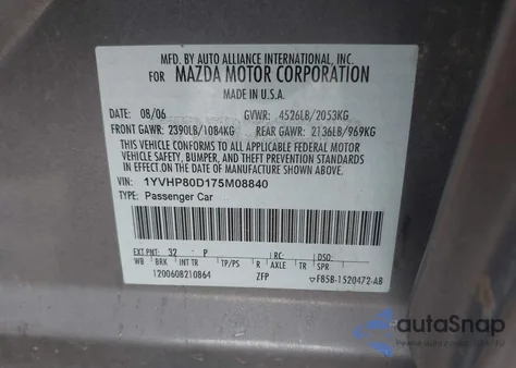 2007 Mazda Mazda6 S Sport Ve из США, поврежденный, VIN 1YVHP80D175M08840